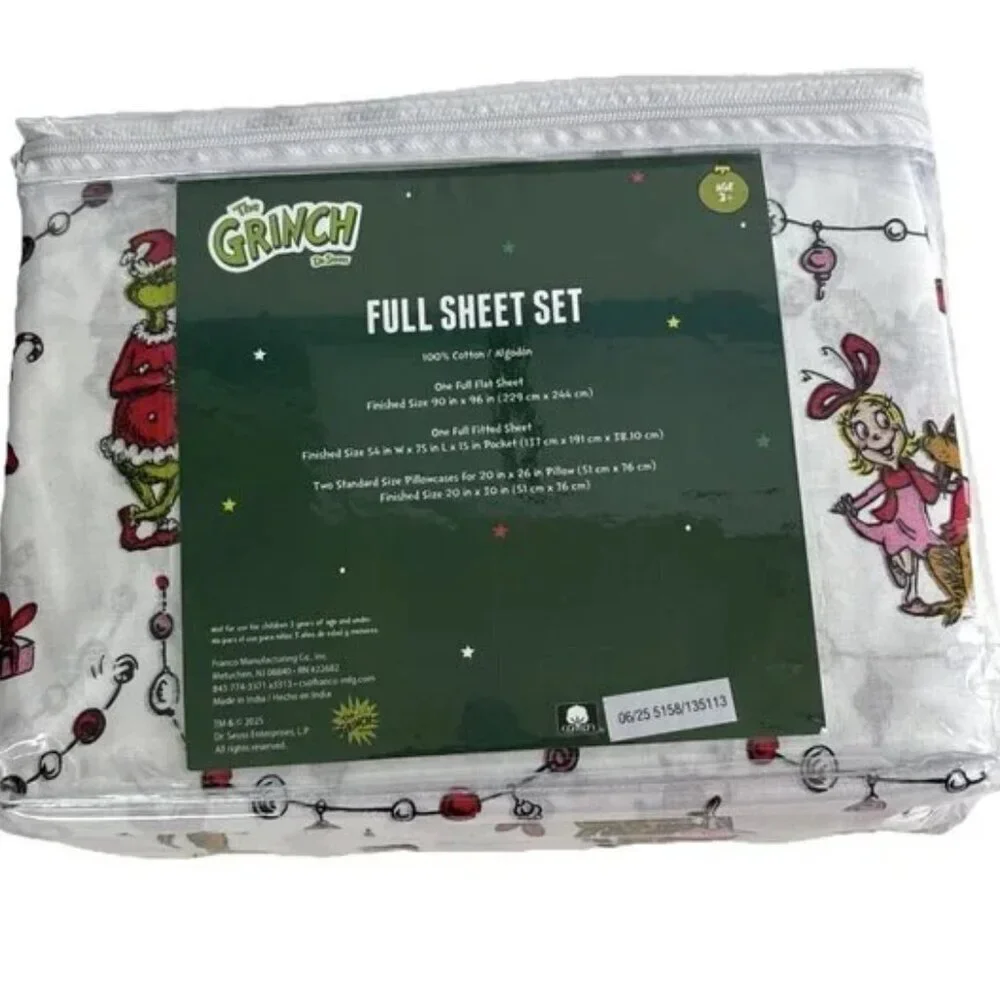 NWT - Dr. Seuss The Grinch 4pc Full Sheet Set 100% Cotton Christmas Holiday